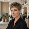 Woman with a textured pixie cut smiling in a salon, side-angle view