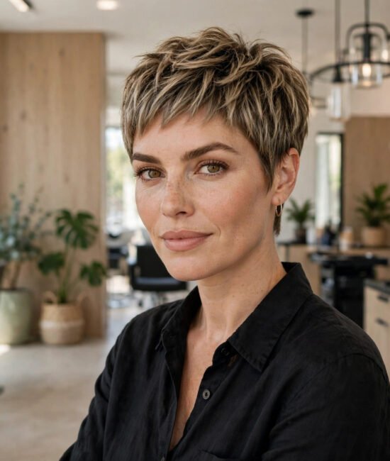 Woman with a textured pixie cut smiling in a salon, side-angle view