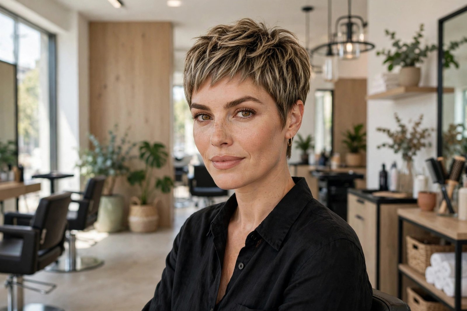 Woman with a textured pixie cut smiling in a salon, side-angle view