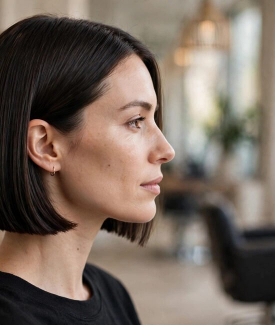 Woman with a classic chin-length blunt bob in a salon