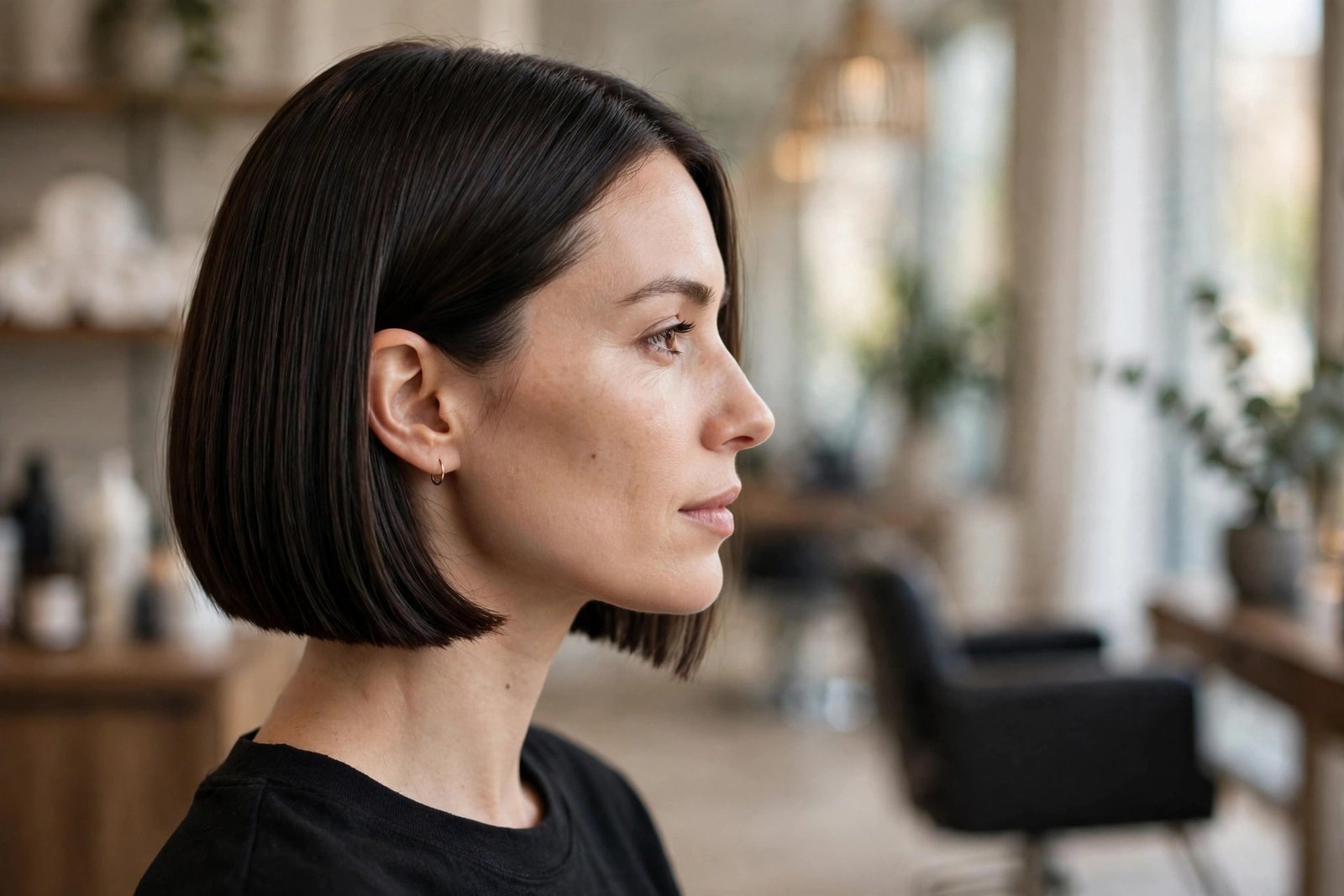 Woman with a classic chin-length blunt bob in a salon