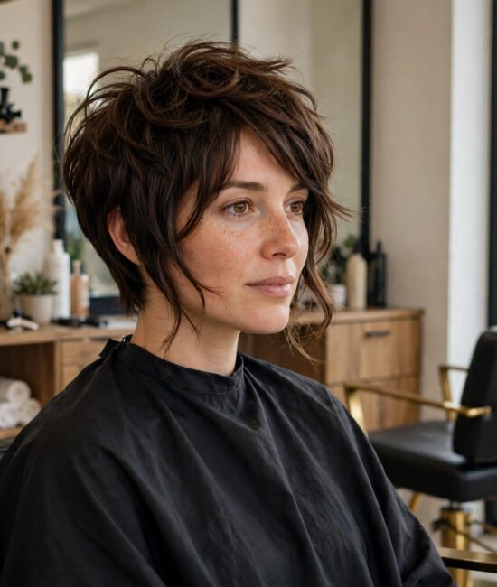 Woman with a textured bixie haircut in a salon