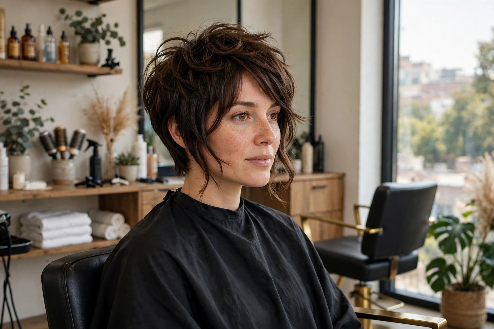 Woman with a textured bixie haircut in a salon