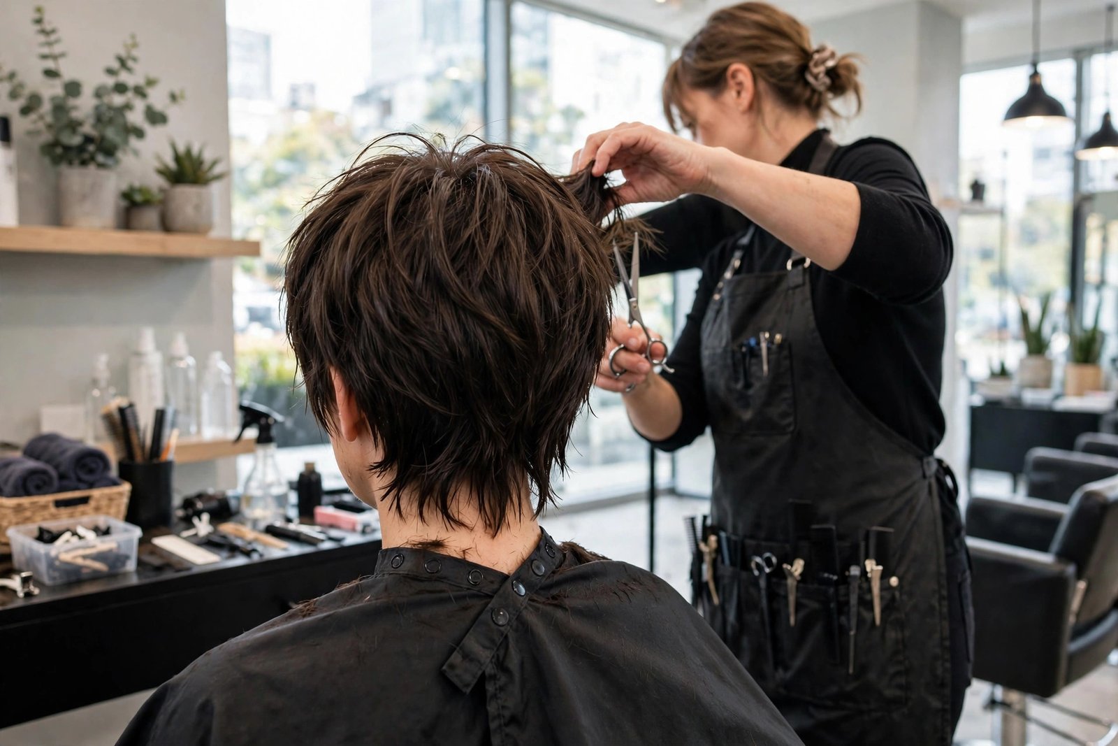Stylist cutting short layers into a bixie haircut, back view