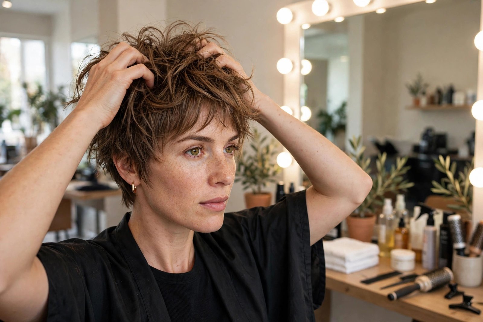 Woman tousling her textured bixie haircut with her fingers