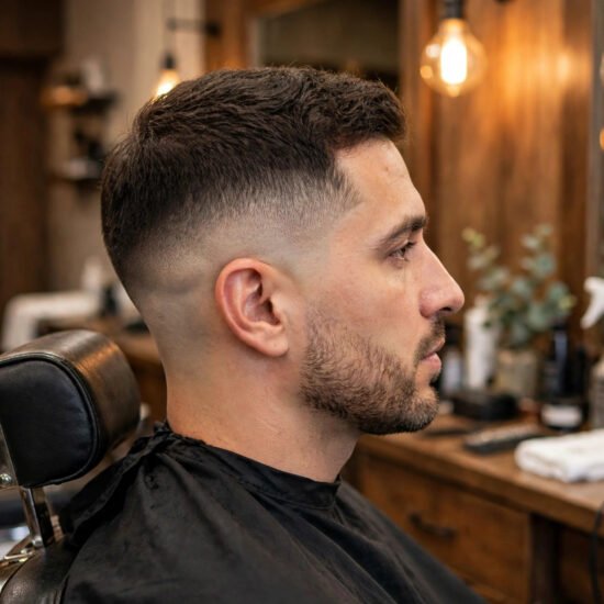 Side profile of a man with a low taper fade