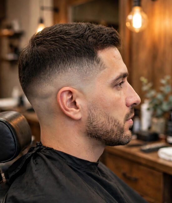 Side profile of a man with a low taper fade