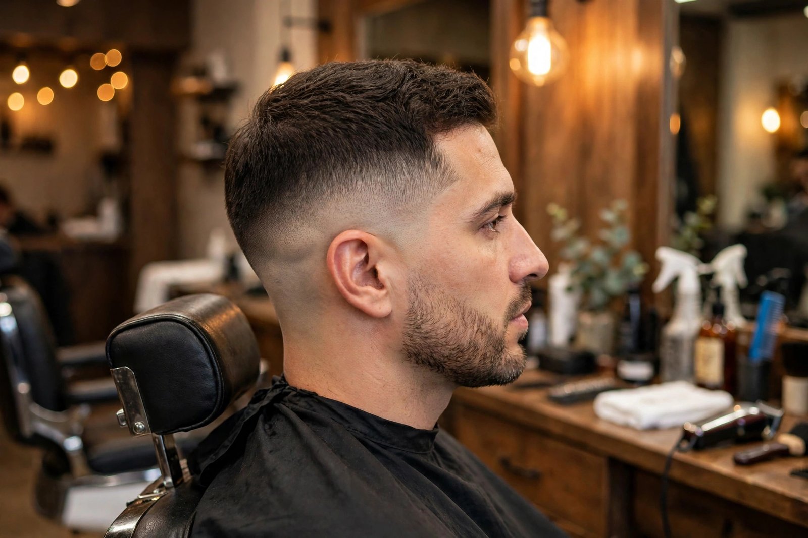 Side profile of a man with a low taper fade