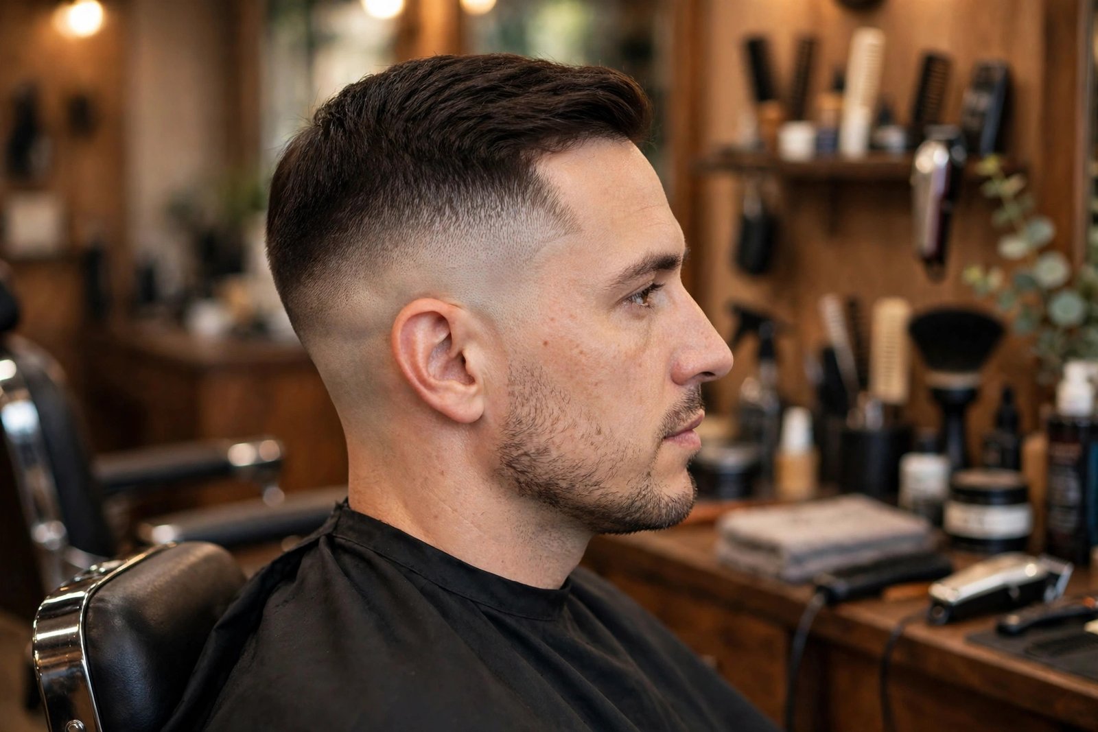 Side profile showing a mid taper fade starting at temple level