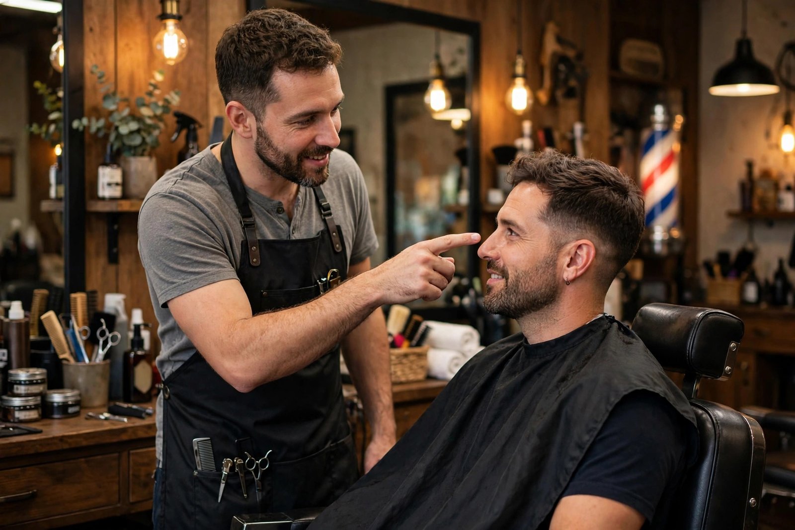Barber consulting with a client about where the fade should start