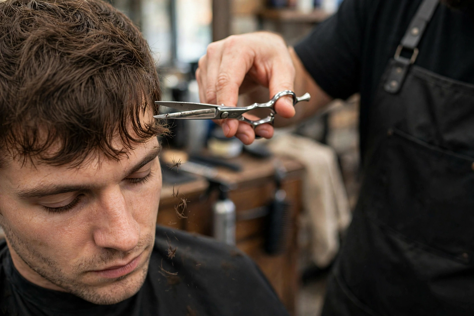 Barber point-cutting a textured fringe for a low taper fade