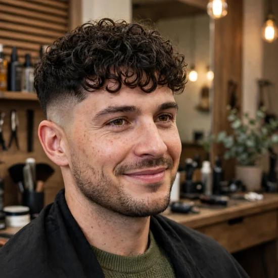 Man with a curly fringe and low taper fade
