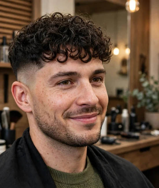 Man with a curly fringe and low taper fade