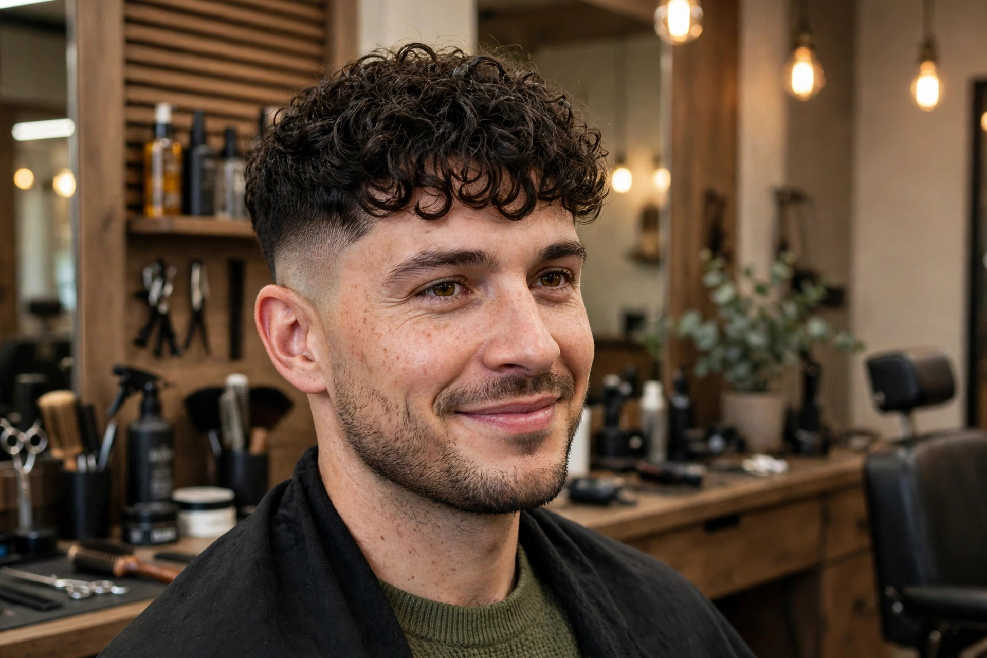 Man with a curly fringe and low taper fade