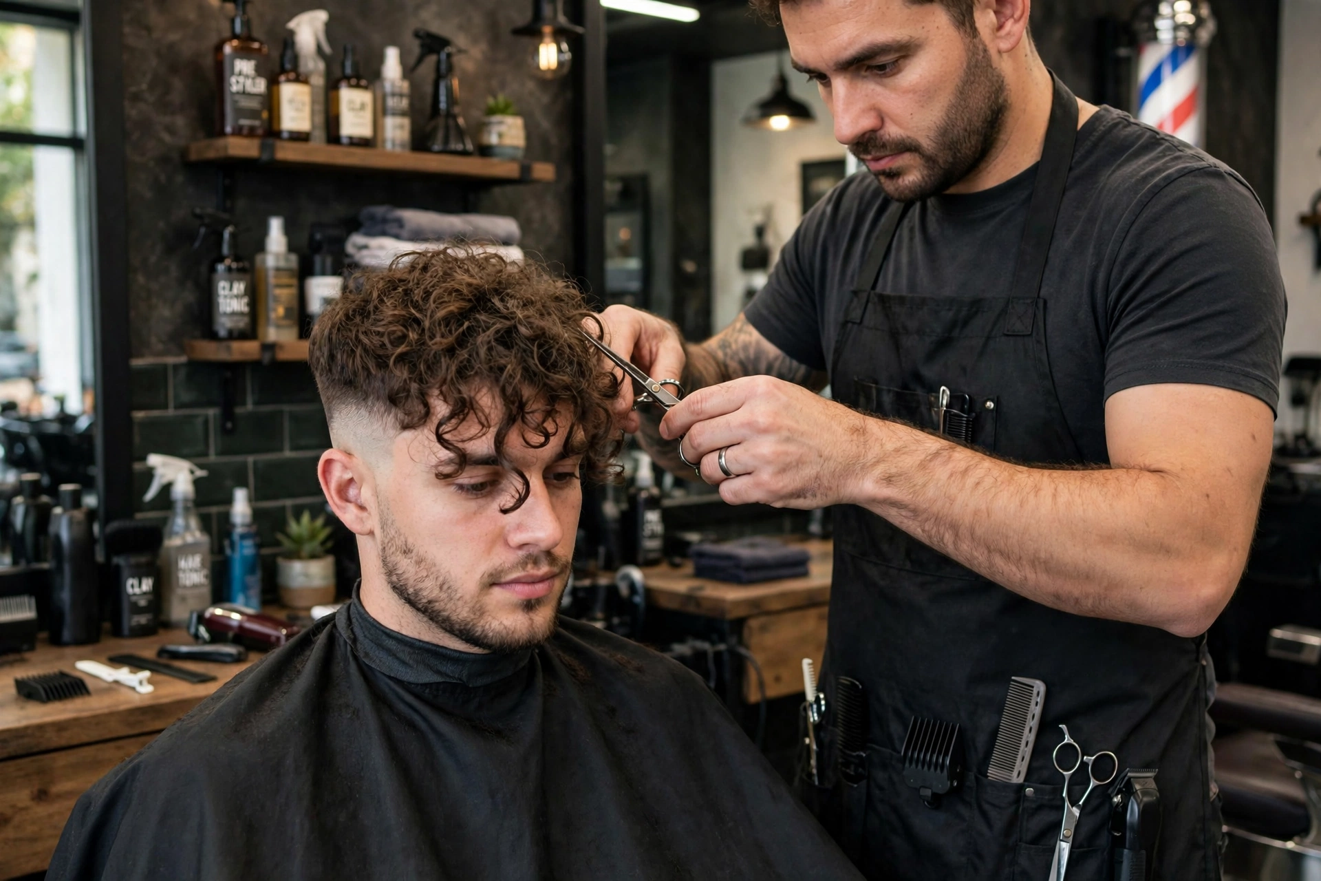 Barber shaping a curly fringe with a low taper fade
