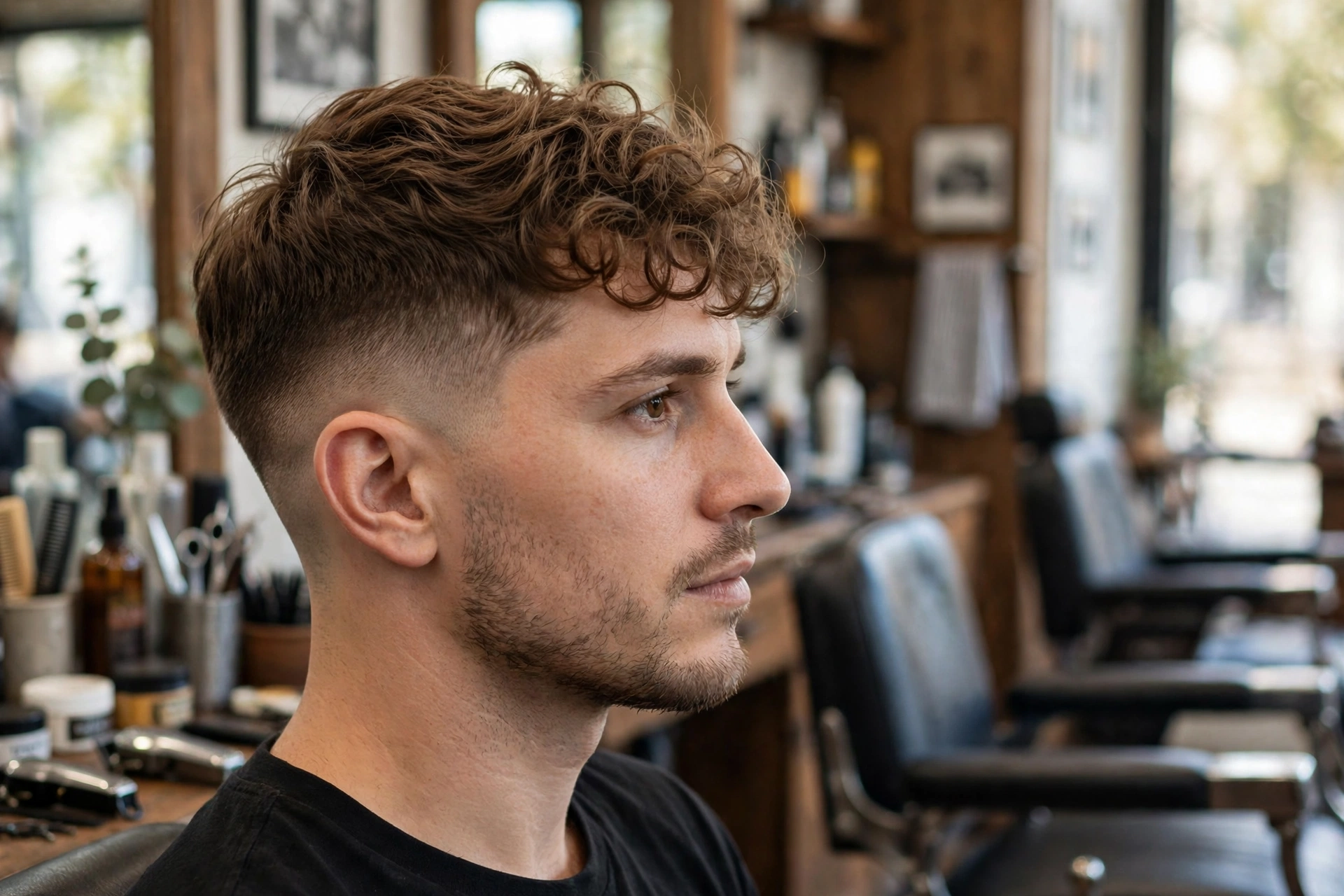 Curly fringe with clean low taper fade sides, side view
