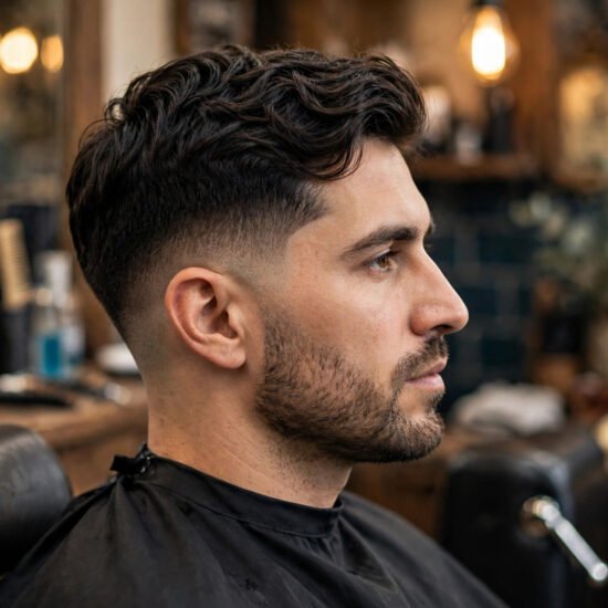 Man with thick wavy hair styled in a low taper fade at a barbershop