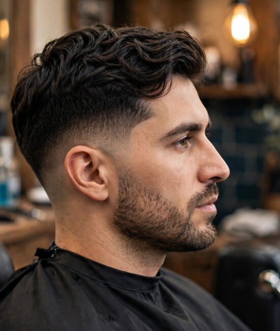 Man with thick wavy hair styled in a low taper fade at a barbershop