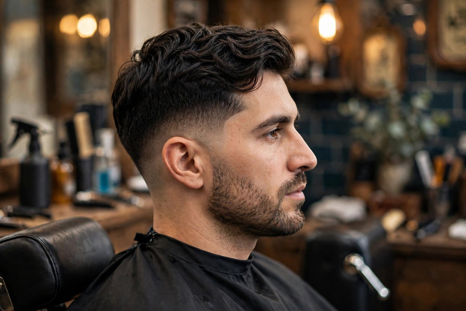 Man with thick wavy hair styled in a low taper fade at a barbershop