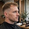Man with fine hair wearing a low taper fade with a textured top