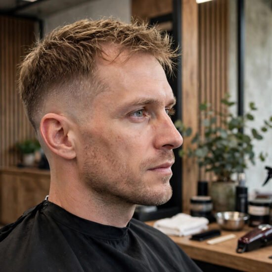 Man with fine hair wearing a low taper fade with a textured top