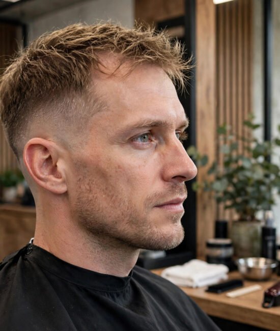 Man with fine hair wearing a low taper fade with a textured top