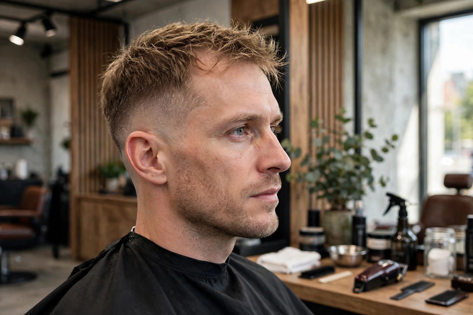 Man with fine hair wearing a low taper fade with a textured top