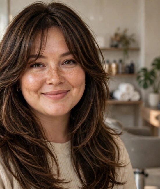 Woman with long layered haircut flattering a round face
