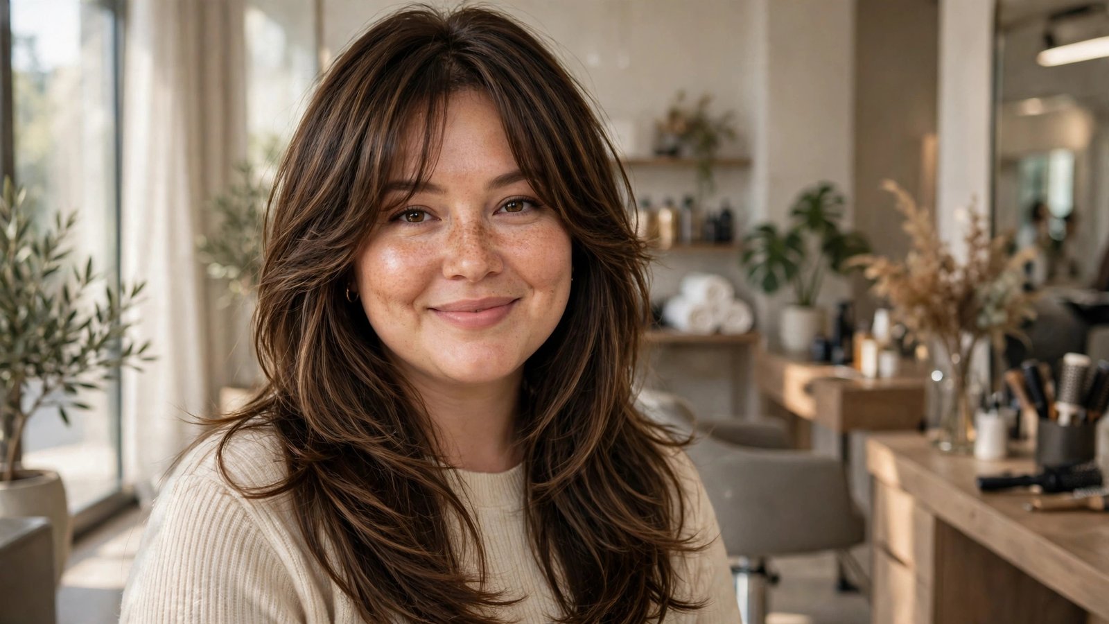 Woman with long layered haircut flattering a round face
