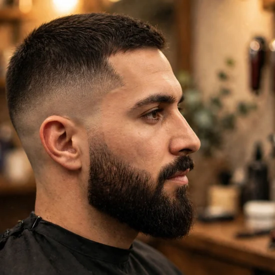 Man with low taper fade blended into a full beard