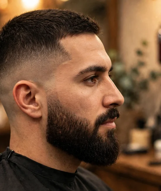 Man with low taper fade blended into a full beard