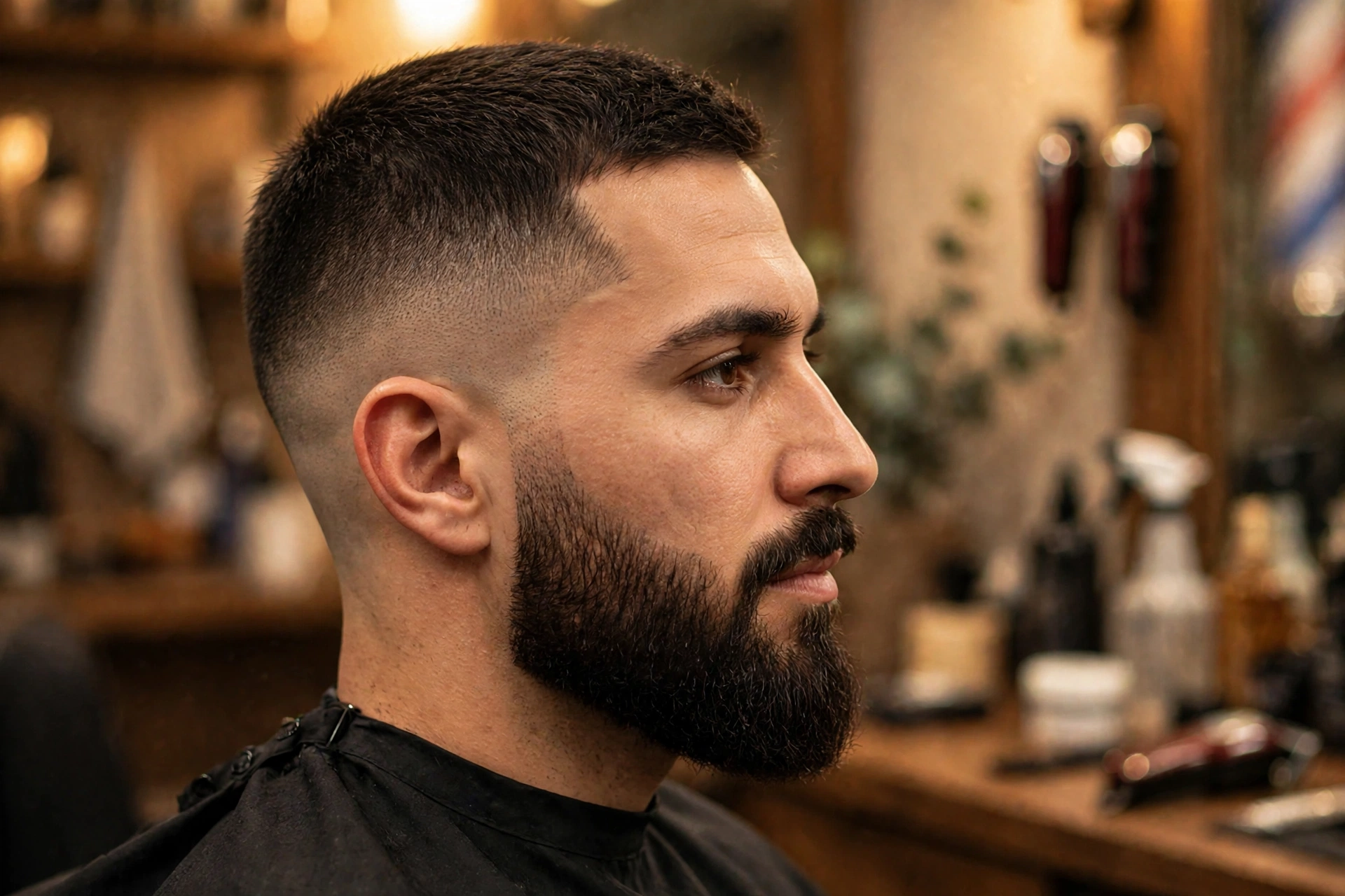 Man with low taper fade blended into a full beard
