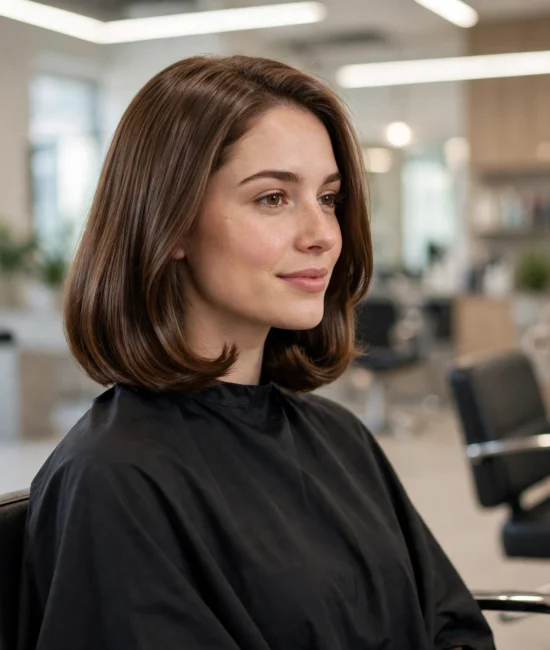 Woman with a polished shoulder-length lob haircut