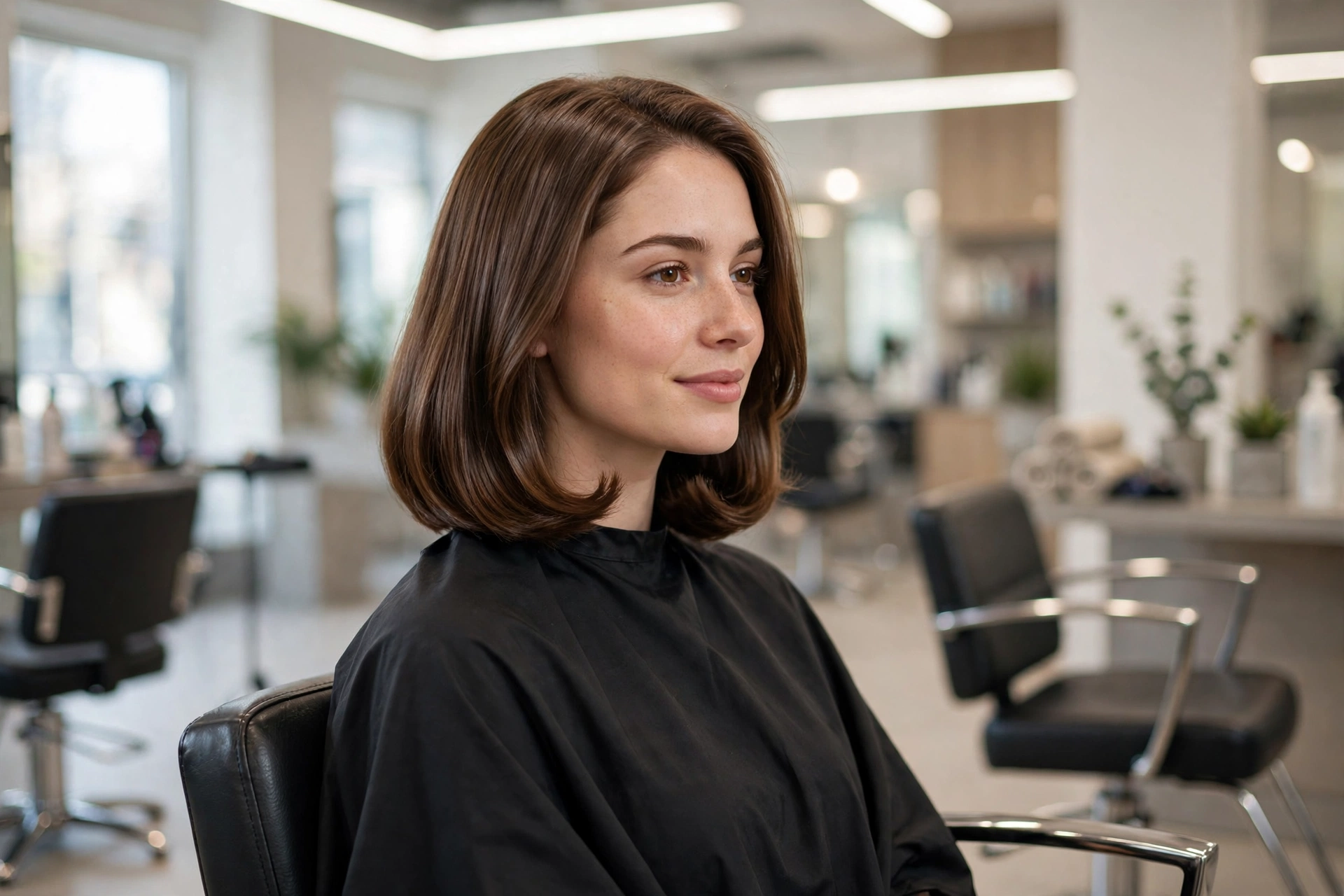 Woman with a polished shoulder-length lob haircut