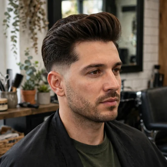 Man with a swept-back pompadour and clean low taper fade.