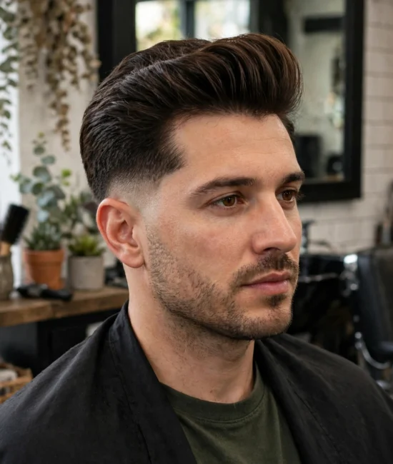 Man with a swept-back pompadour and clean low taper fade.