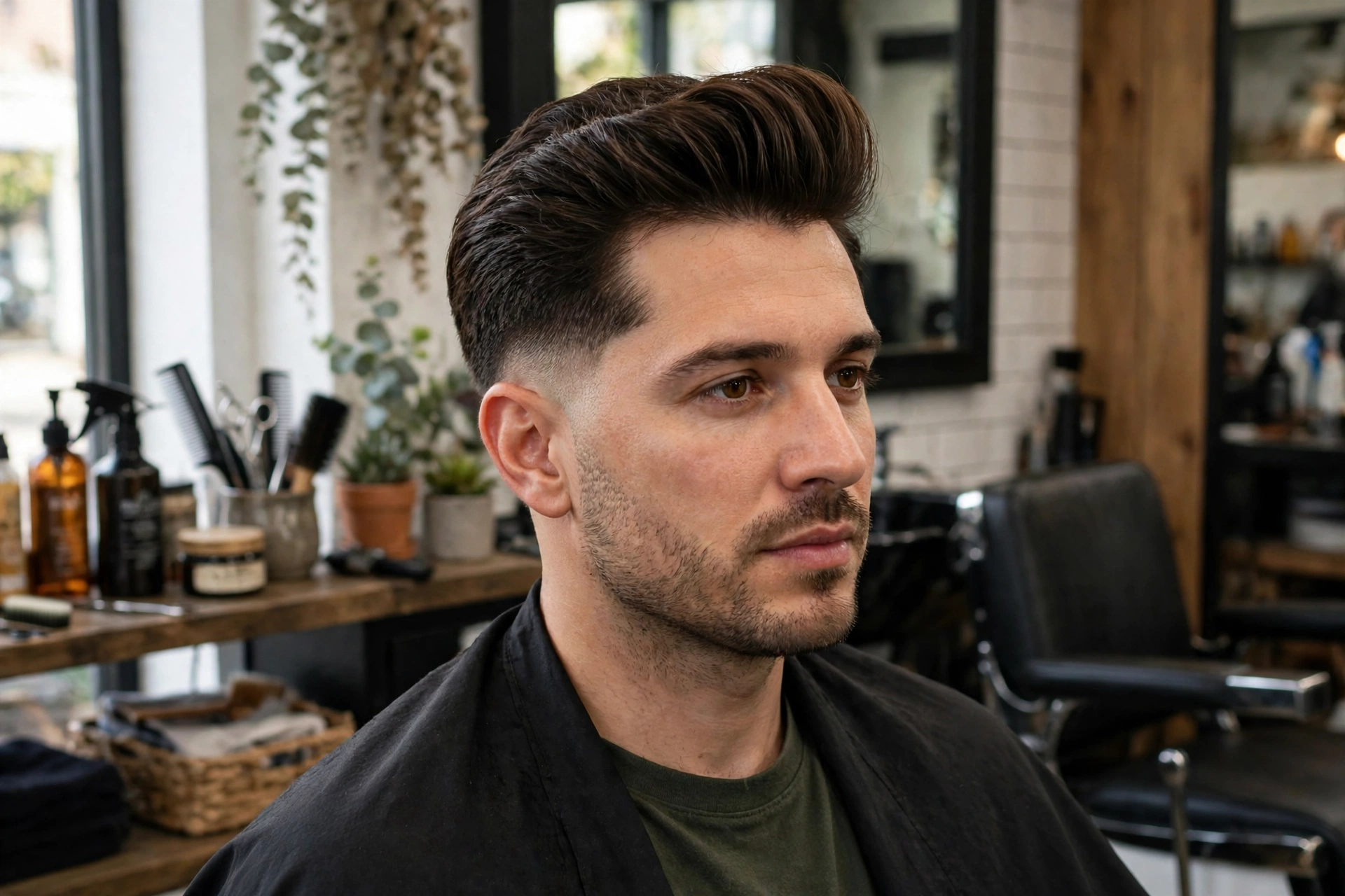 Man with a swept-back pompadour and clean low taper fade.