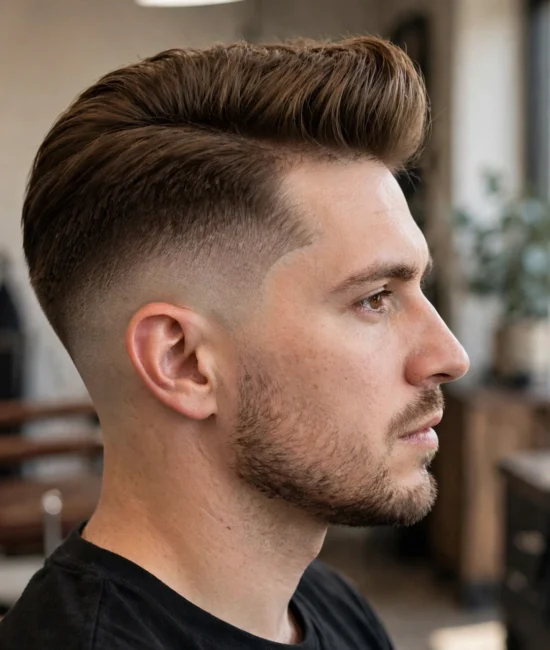 Man with a lifted quiff and clean low taper fade.