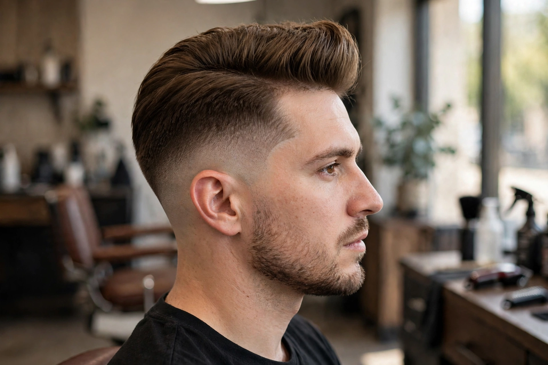 Man with a lifted quiff and clean low taper fade.