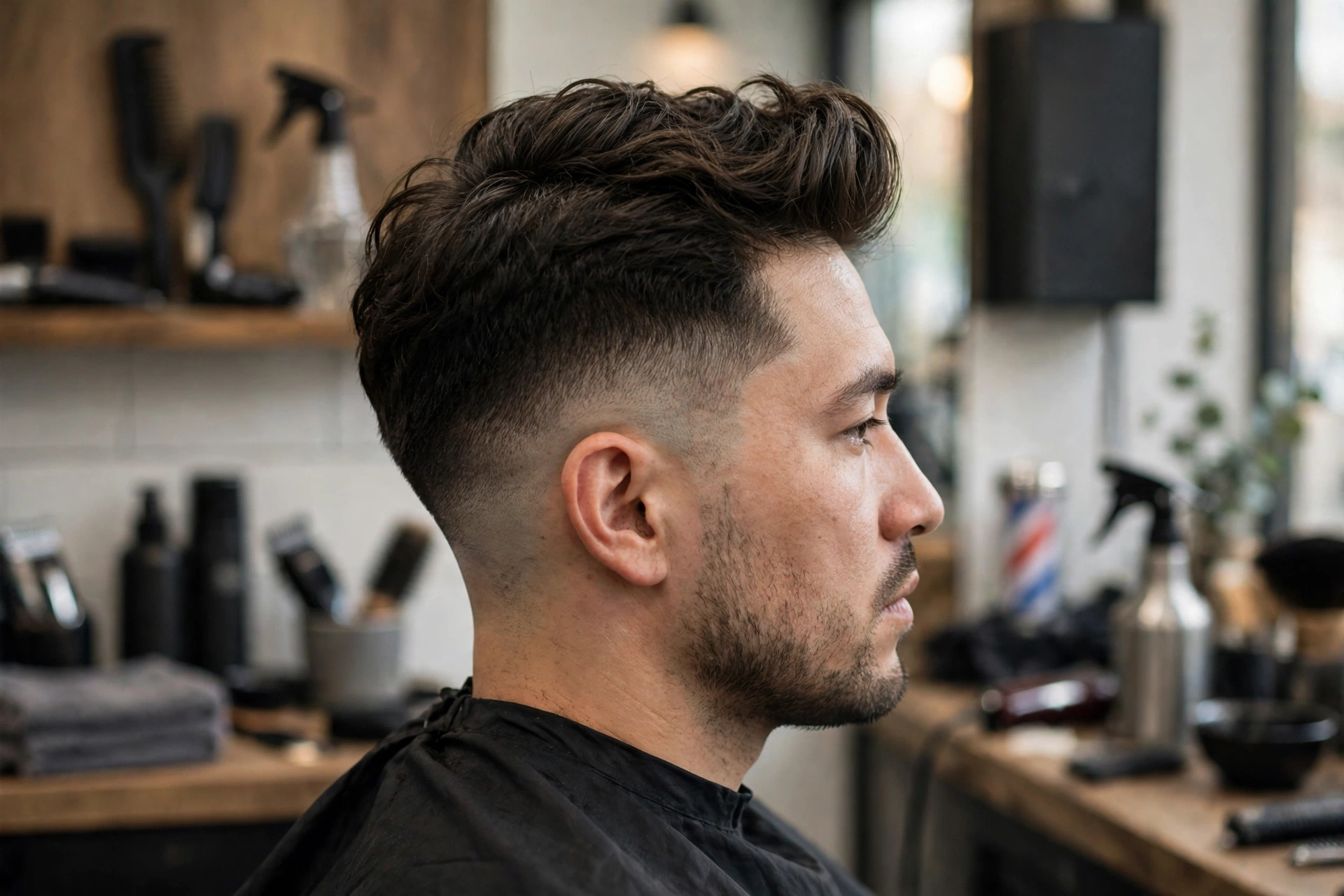 Side view of a low taper fade blending into a quiff top.