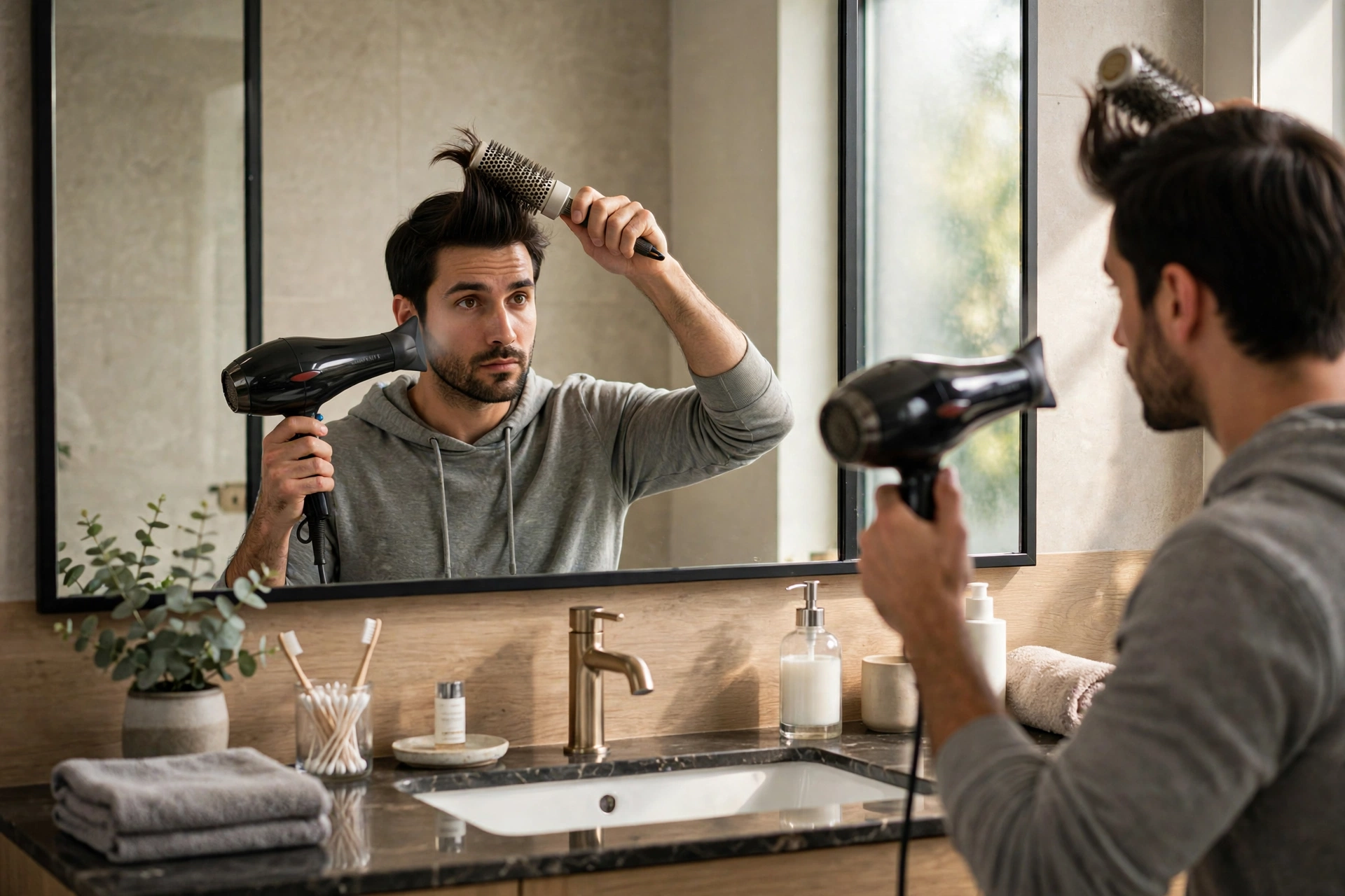 Man blow-drying the front of his hair upward to style a quiff.