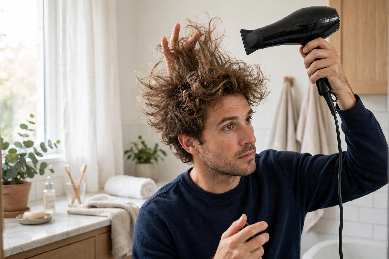 Blow-drying fluffy hair upward for volume