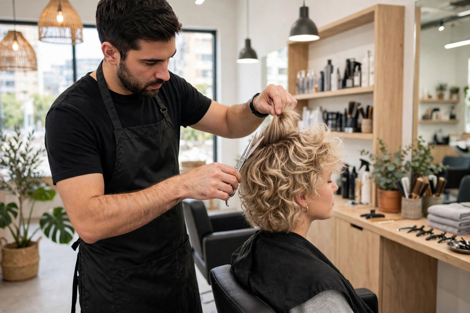 Barber point-cutting fluffy hair for texture