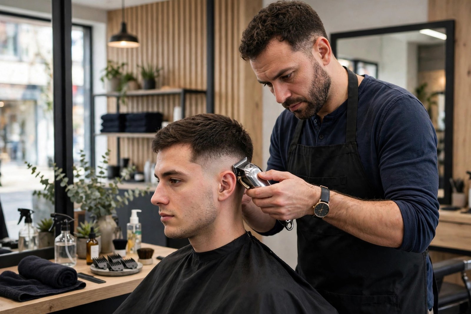 Barber blending a low taper fade at the temple