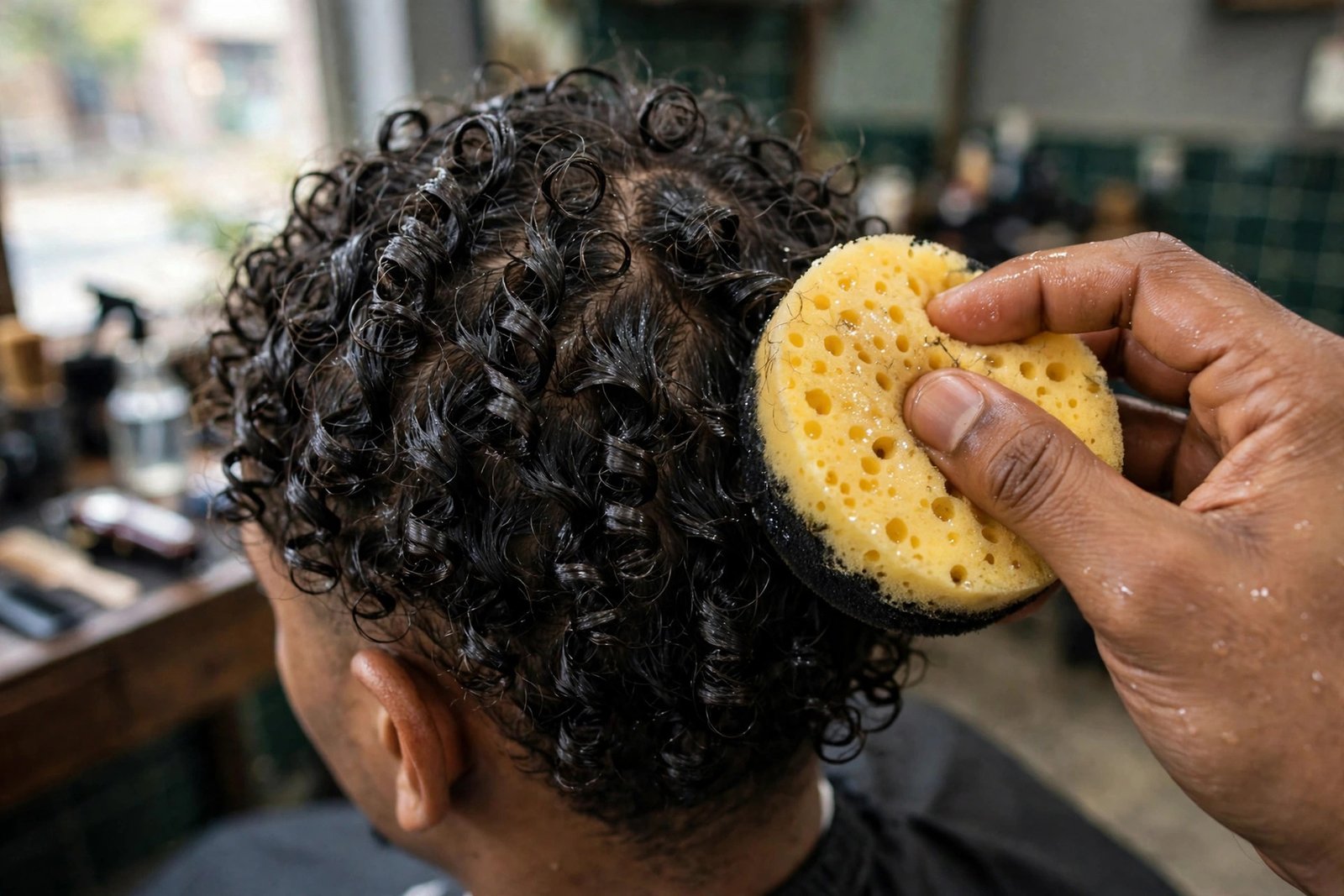 Using a curl sponge on short coily hair