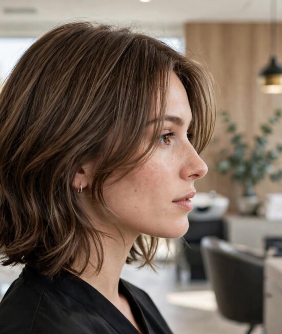 Woman with a soft layered lob haircut