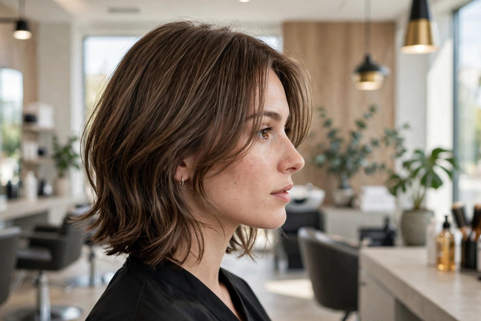 Woman with a soft layered lob haircut