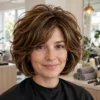 Woman with a voluminous layered bob in a salon.