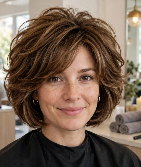 Woman with a voluminous layered bob in a salon.