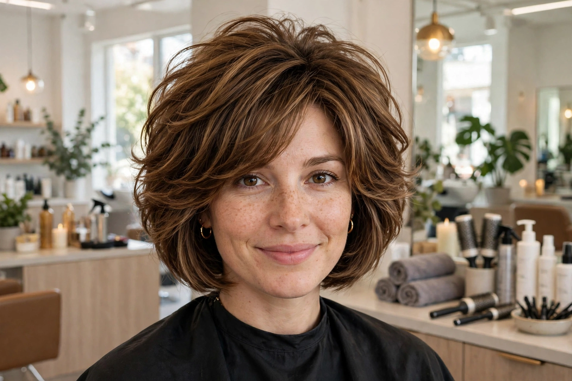 Woman with a voluminous layered bob in a salon.
